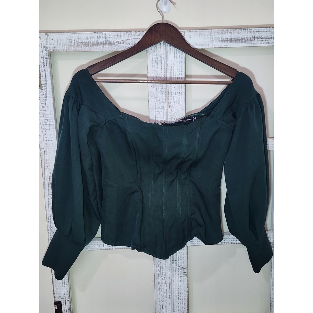 PrettyLittleThing Emerald Green Corset Puff Sleeve Top Dark Forest Zip Back - Picture 2 of 5